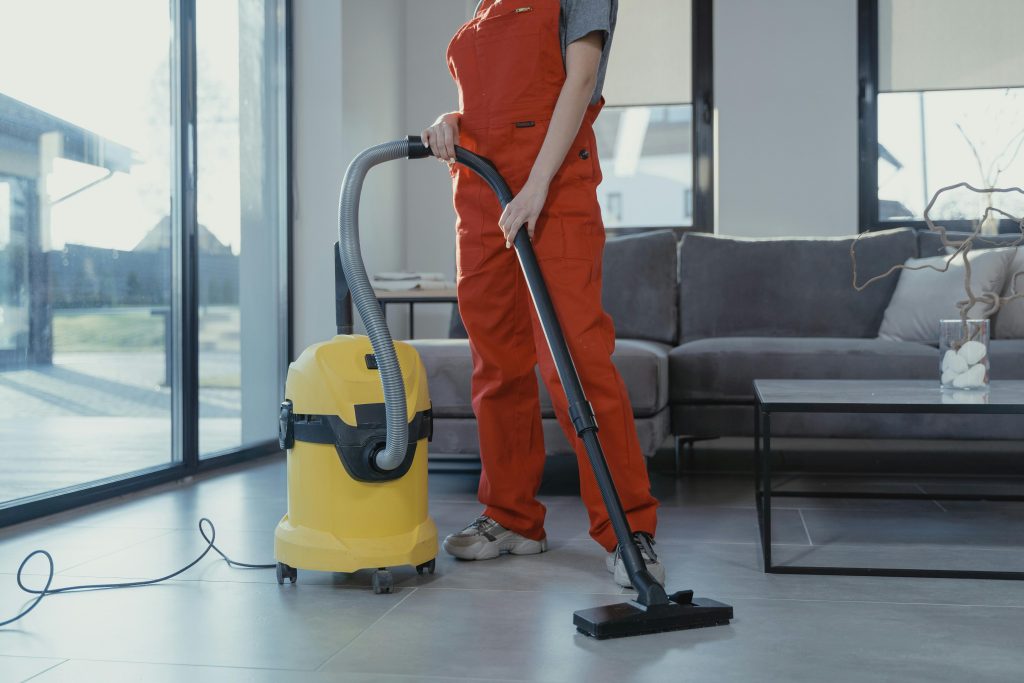 Cleaning a living room.